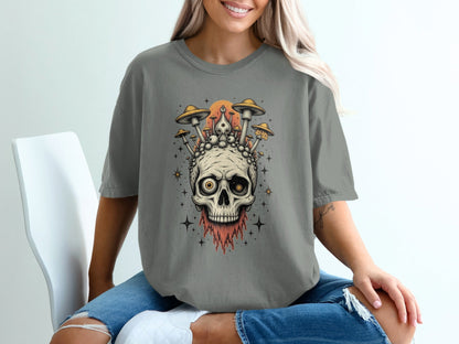 Skull With Mushrooms Graphic Artistic Design Funky T-Shirt - IconVexa