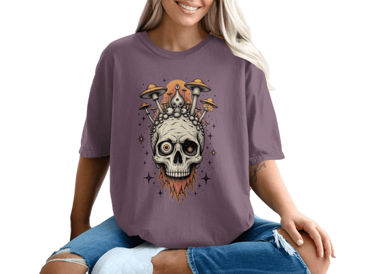 Skull With Mushrooms Graphic Artistic Design Funky T-Shirt - IconVexa