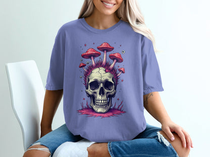 Skull with Mushrooms Graphic Novelty Design Printed T-Shirt - IconVexa