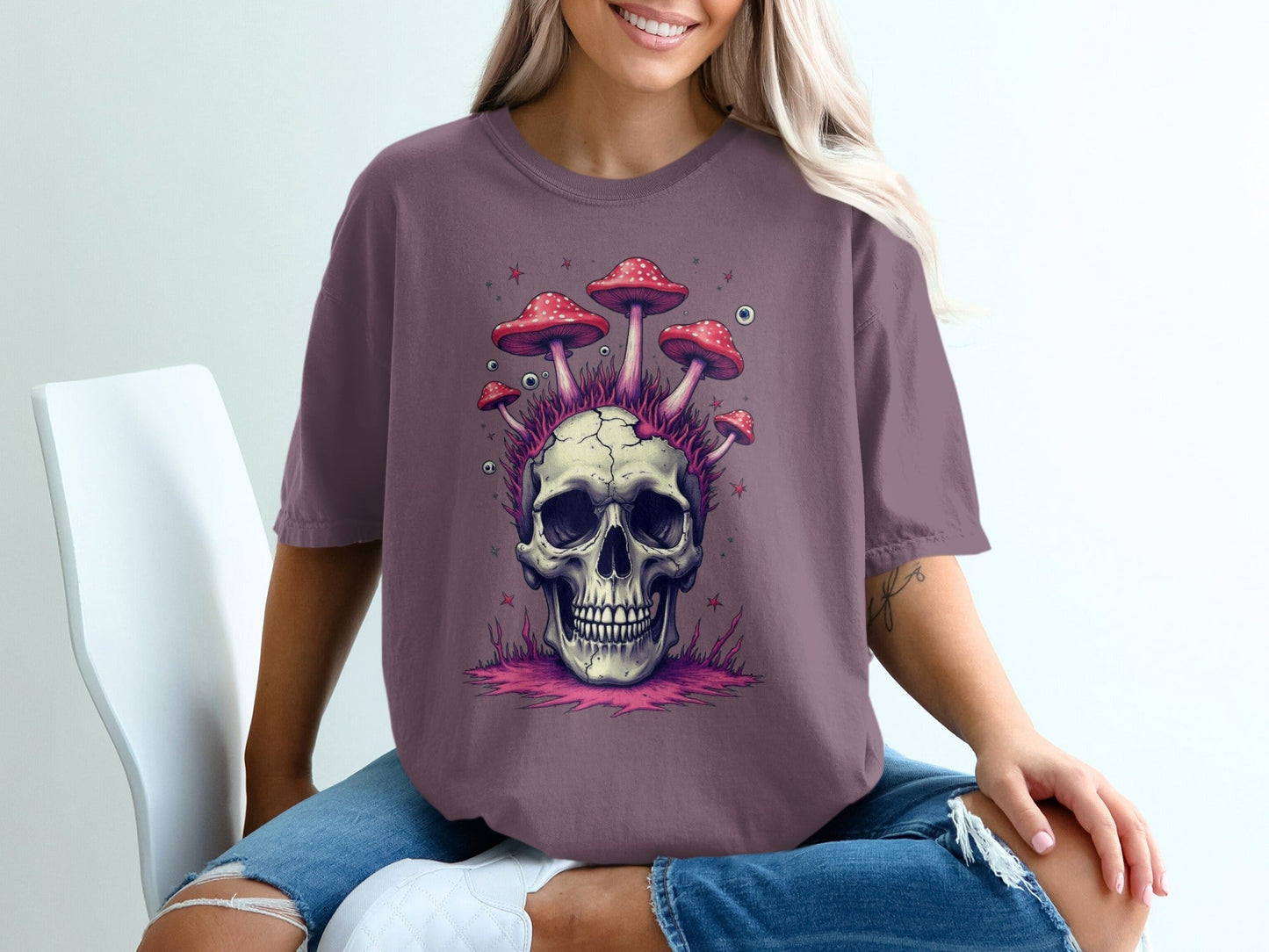 Skull with Mushrooms Graphic Novelty Design Printed T-Shirt - IconVexa
