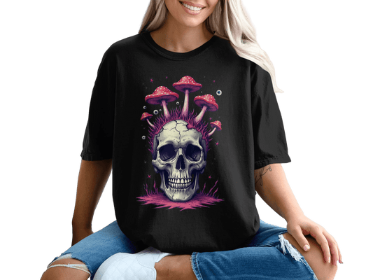 Skull with Mushrooms Graphic Novelty Design Printed T-Shirt - IconVexa