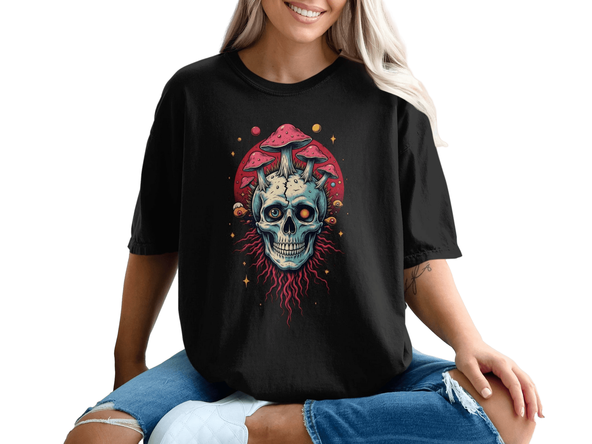 Skull With Mushrooms Graphic Printed Dark Gray T-Shirt - IconVexa