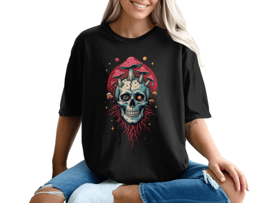 Skull With Mushrooms Graphic Printed Dark Gray T-Shirt - IconVexa