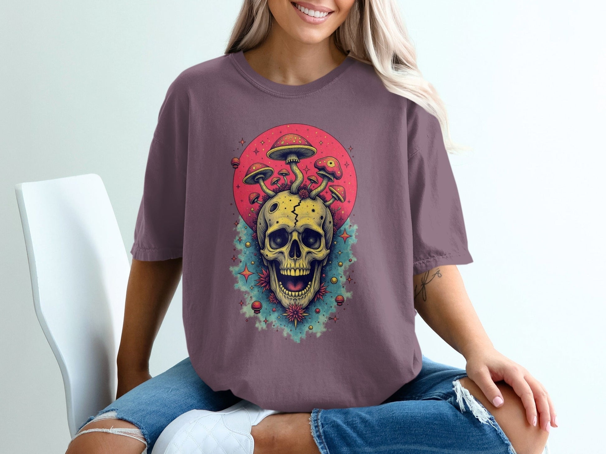 Skull With Mushrooms In Red Circle Graphic Design T-Shirt - IconVexa