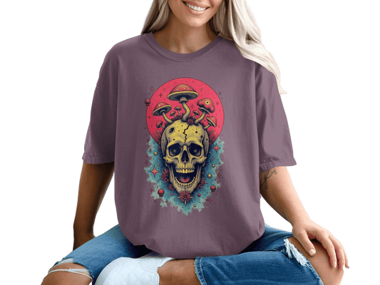 Skull With Mushrooms In Red Circle Graphic Design T-Shirt - IconVexa