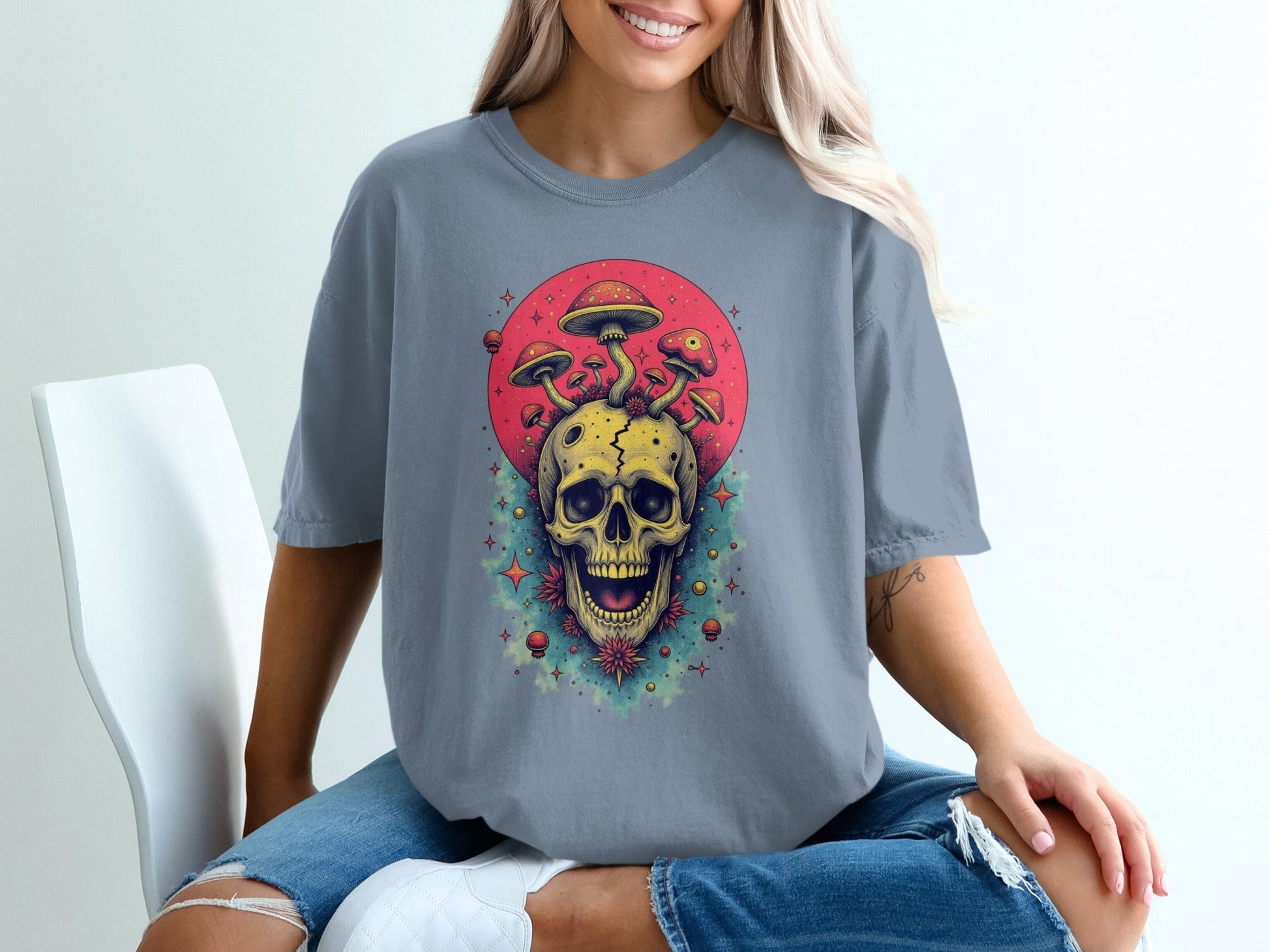 Skull With Mushrooms In Red Circle Graphic Design T-Shirt - IconVexa