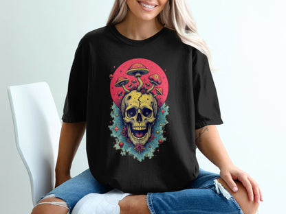 Skull With Mushrooms In Red Circle Graphic Design T-Shirt - IconVexa