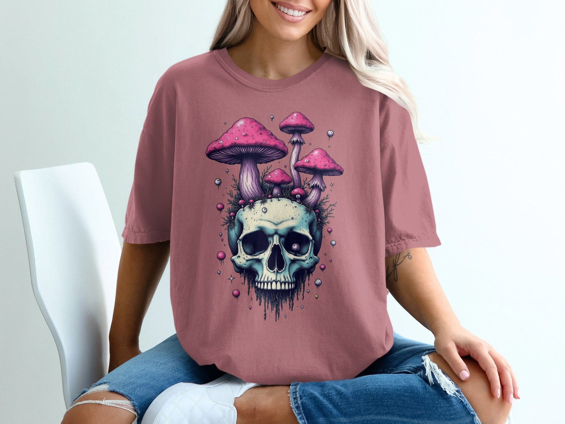 Skull With Pink Mushrooms Funny Graphic Print Novelty T-Shirt - IconVexa