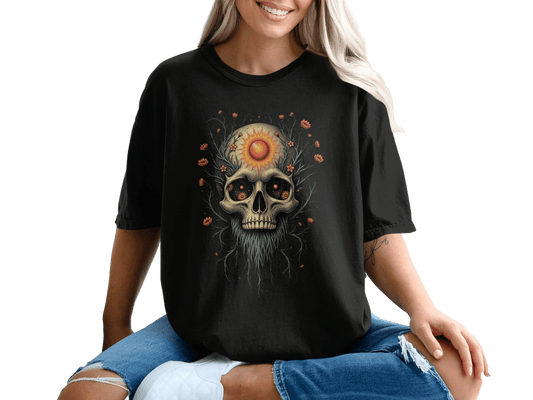 Skull With Sun Floral Vines Artwork Graphic Design T-Shirt - IconVexa