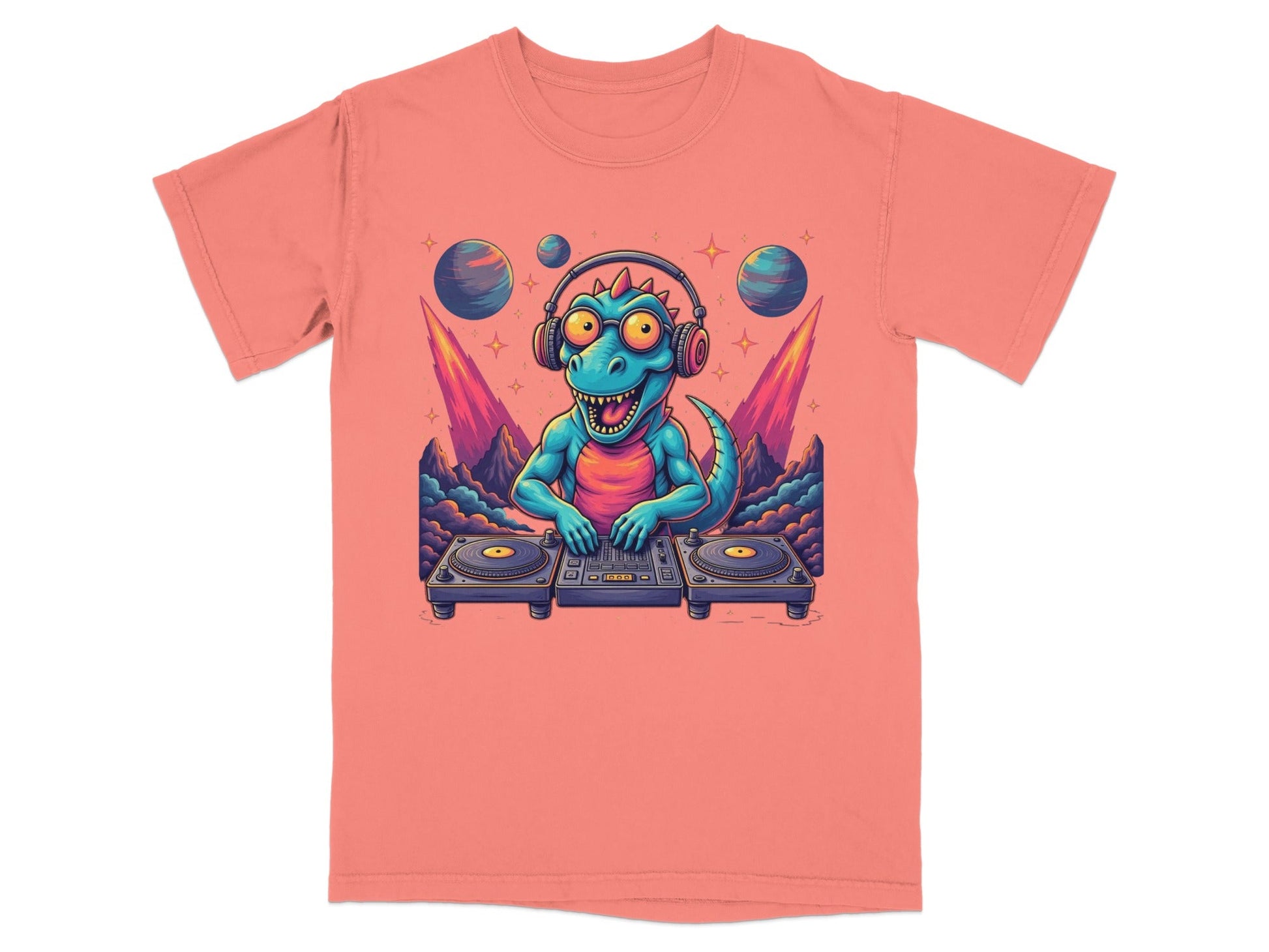 Space DJ Dinosaur With Headphones Graphic Design T-Shirt - IconVexa