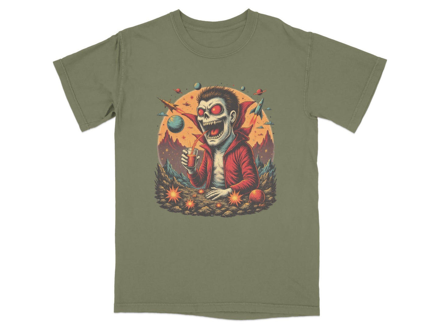 Space Vampire With Drink Graphic Novelty Cool T-Shirt - IconVexa