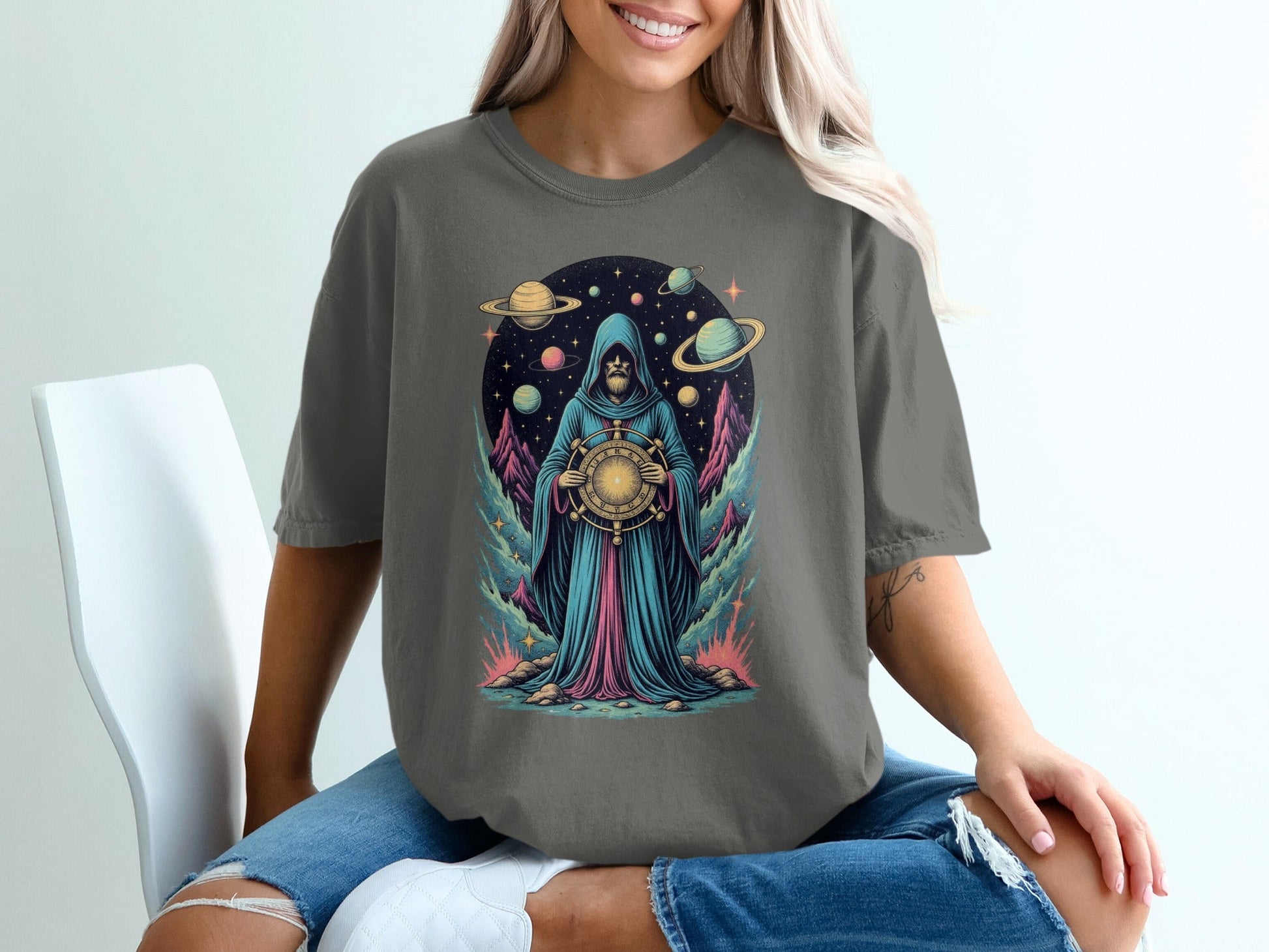 Space Wizard with Planets Artistic Graphic Novelty T-Shirt - IconVexa