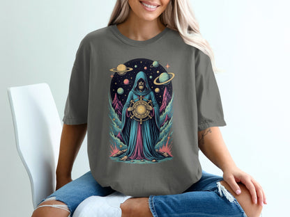 Space Wizard with Planets Artistic Graphic Novelty T-Shirt - IconVexa