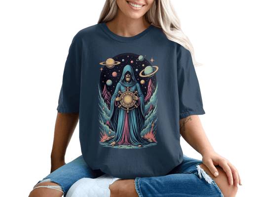 Space Wizard with Planets Artistic Graphic Novelty T-Shirt - IconVexa