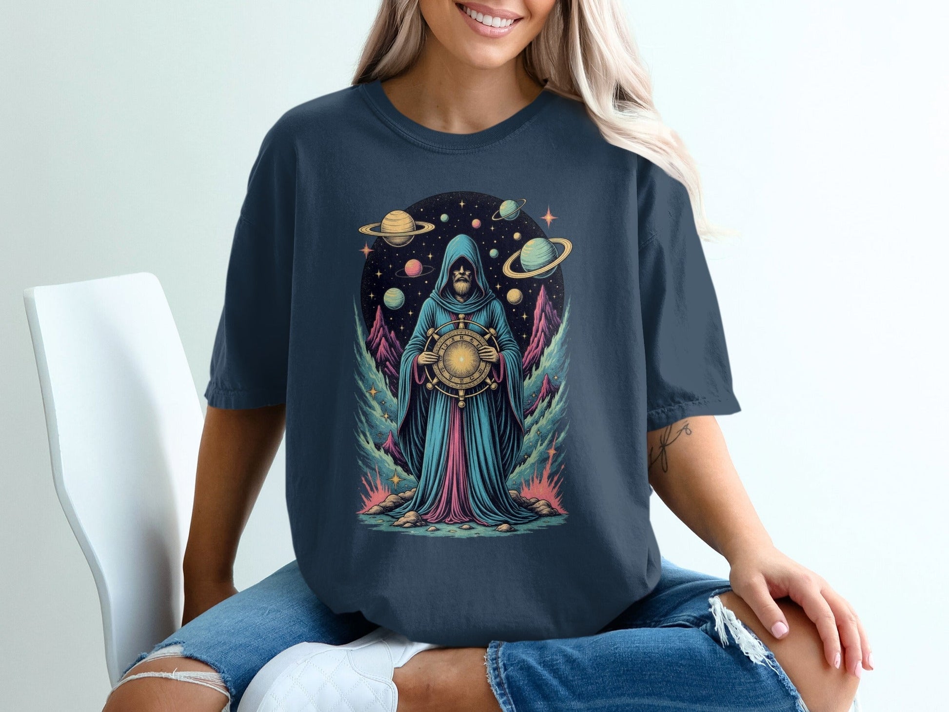 Space Wizard with Planets Artistic Graphic Novelty T-Shirt - IconVexa