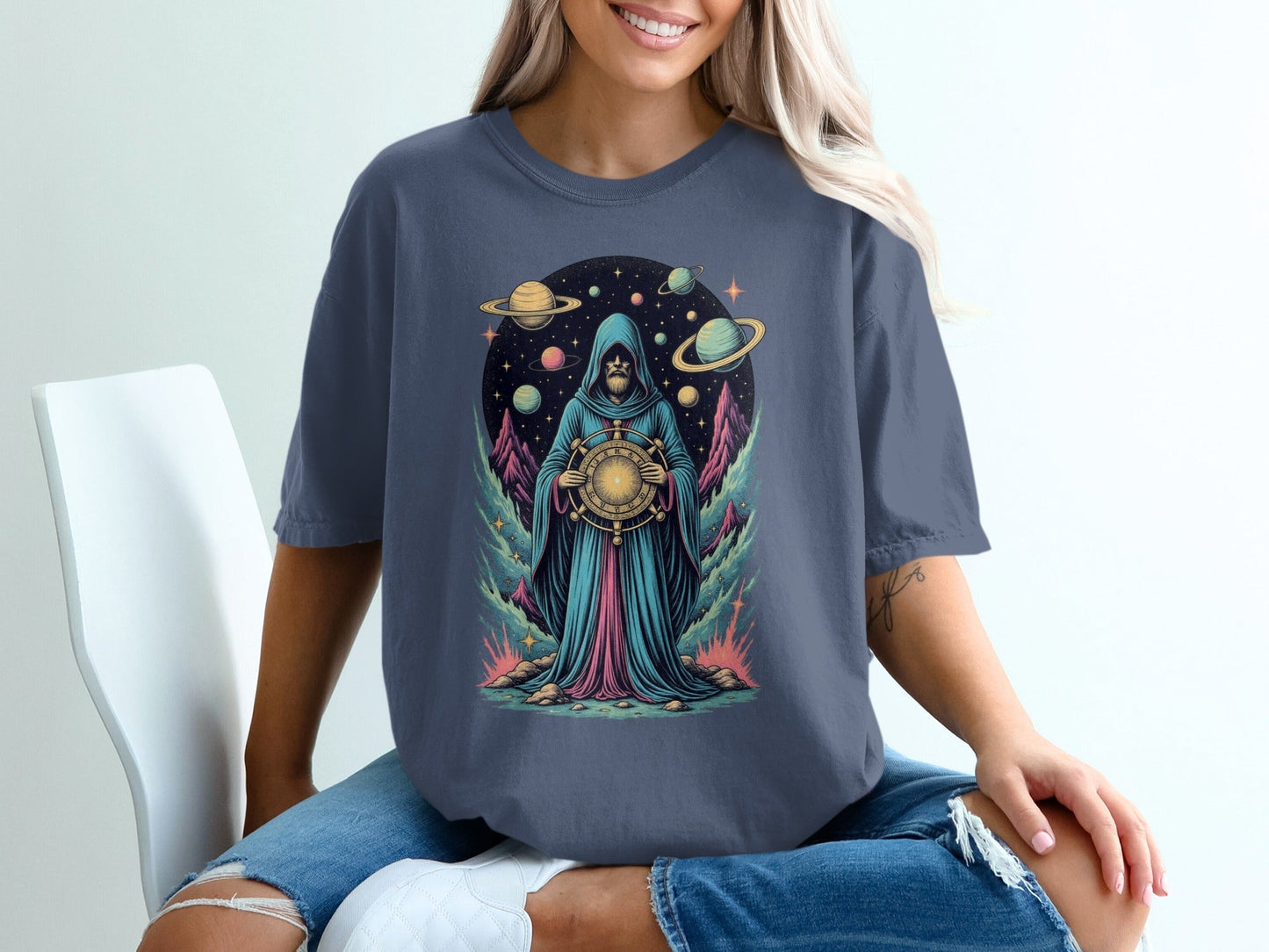 Space Wizard with Planets Artistic Graphic Novelty T-Shirt - IconVexa