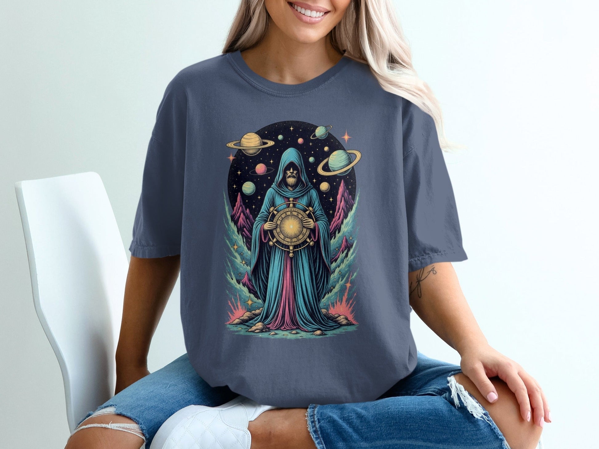 Space Wizard with Planets Artistic Graphic Novelty T-Shirt - IconVexa