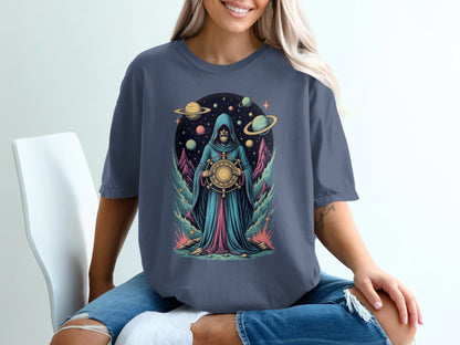 Space Wizard with Planets Artistic Graphic Novelty T-Shirt - IconVexa