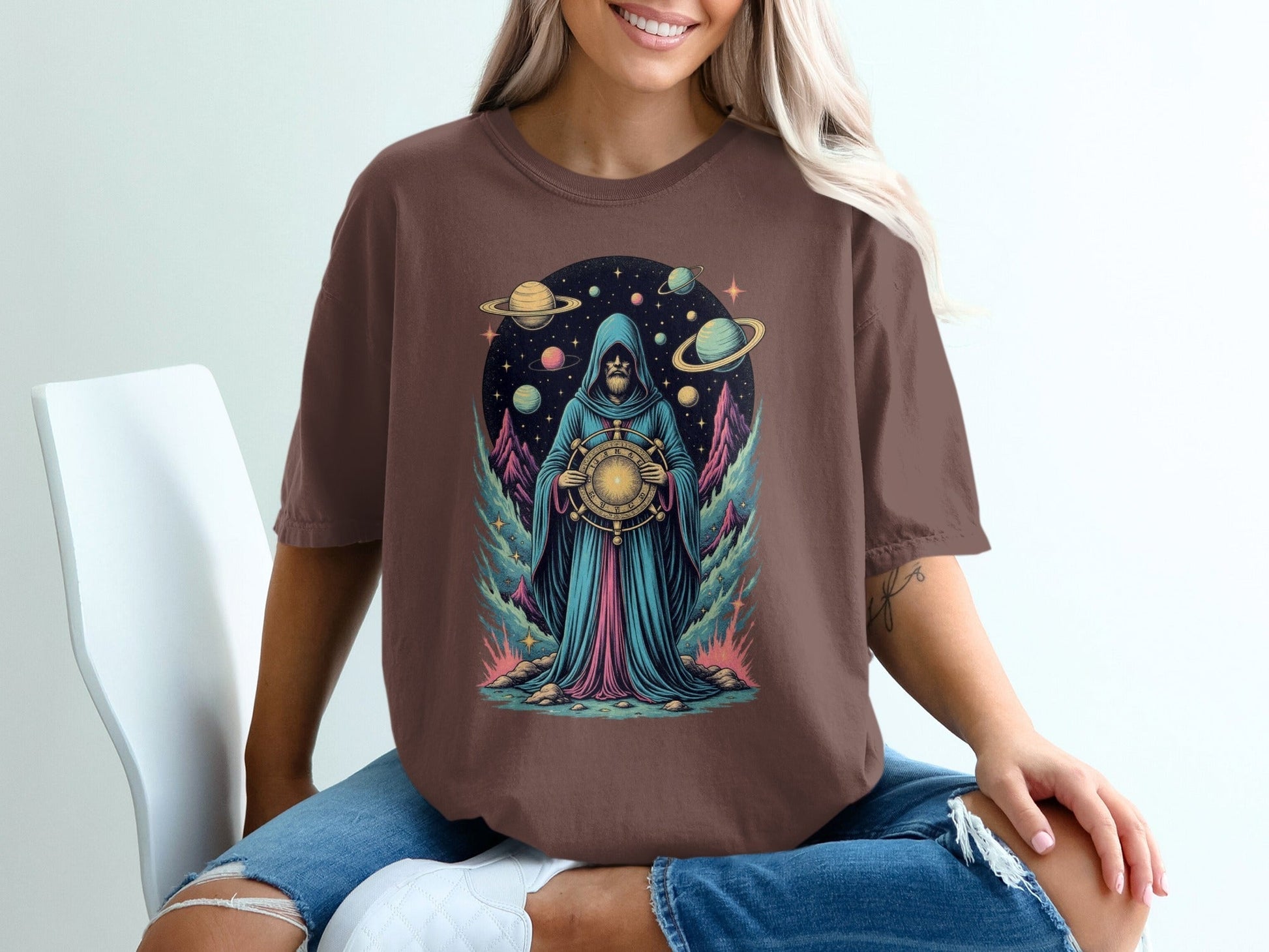 Space Wizard with Planets Artistic Graphic Novelty T-Shirt - IconVexa