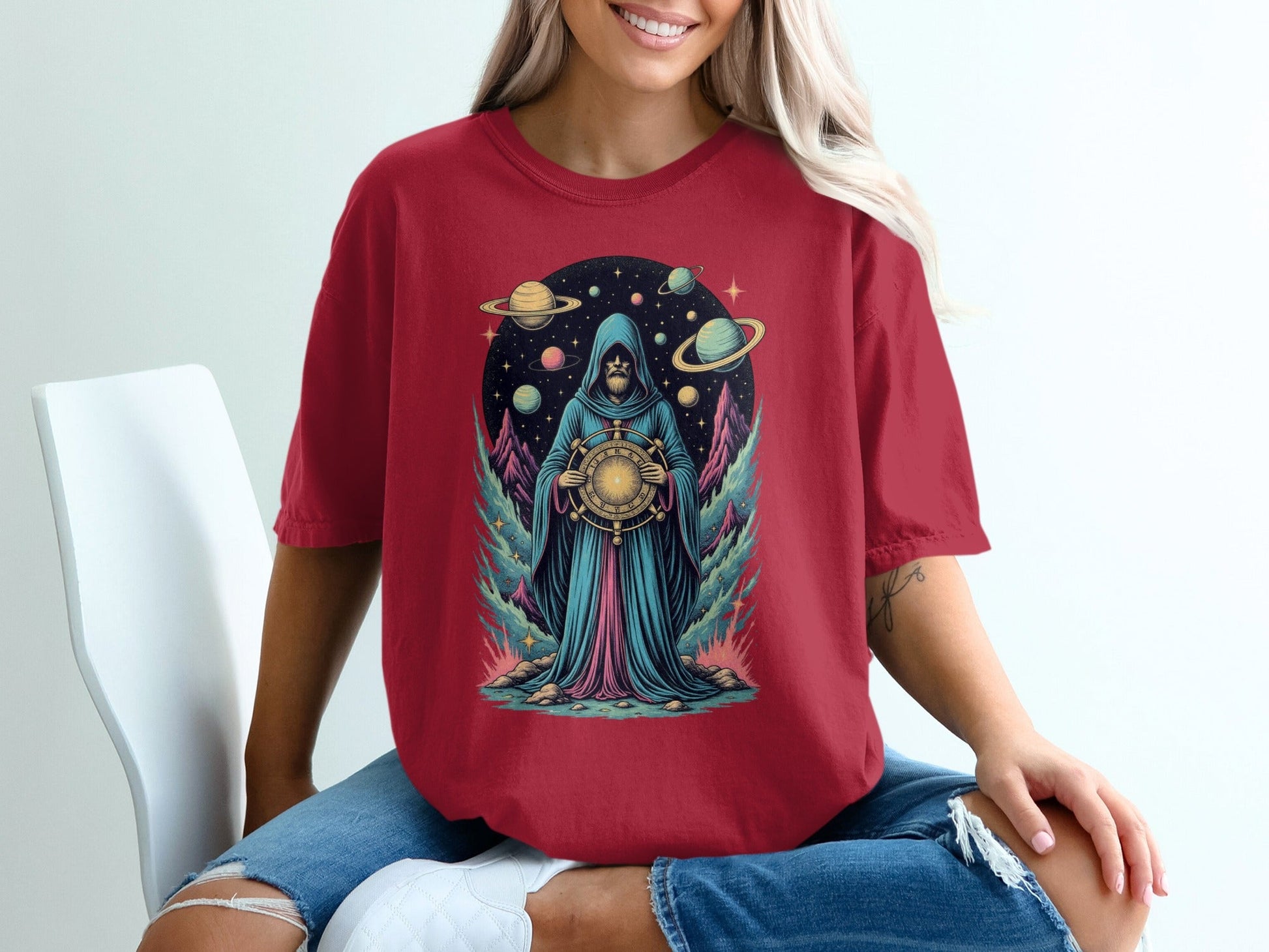 Space Wizard with Planets Artistic Graphic Novelty T-Shirt - IconVexa
