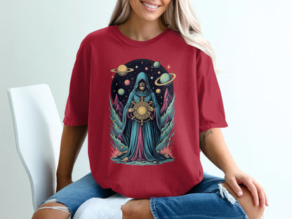 Space Wizard with Planets Artistic Graphic Novelty T-Shirt - IconVexa