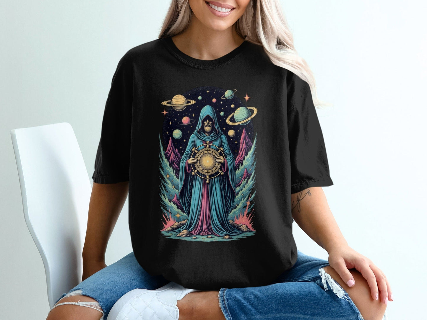 Space Wizard with Planets Artistic Graphic Novelty T-Shirt - IconVexa