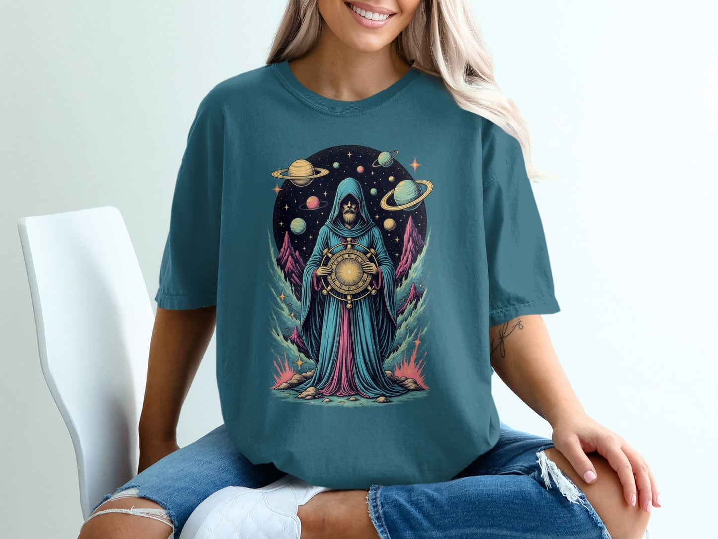 Space Wizard with Planets Artistic Graphic Novelty T-Shirt - IconVexa