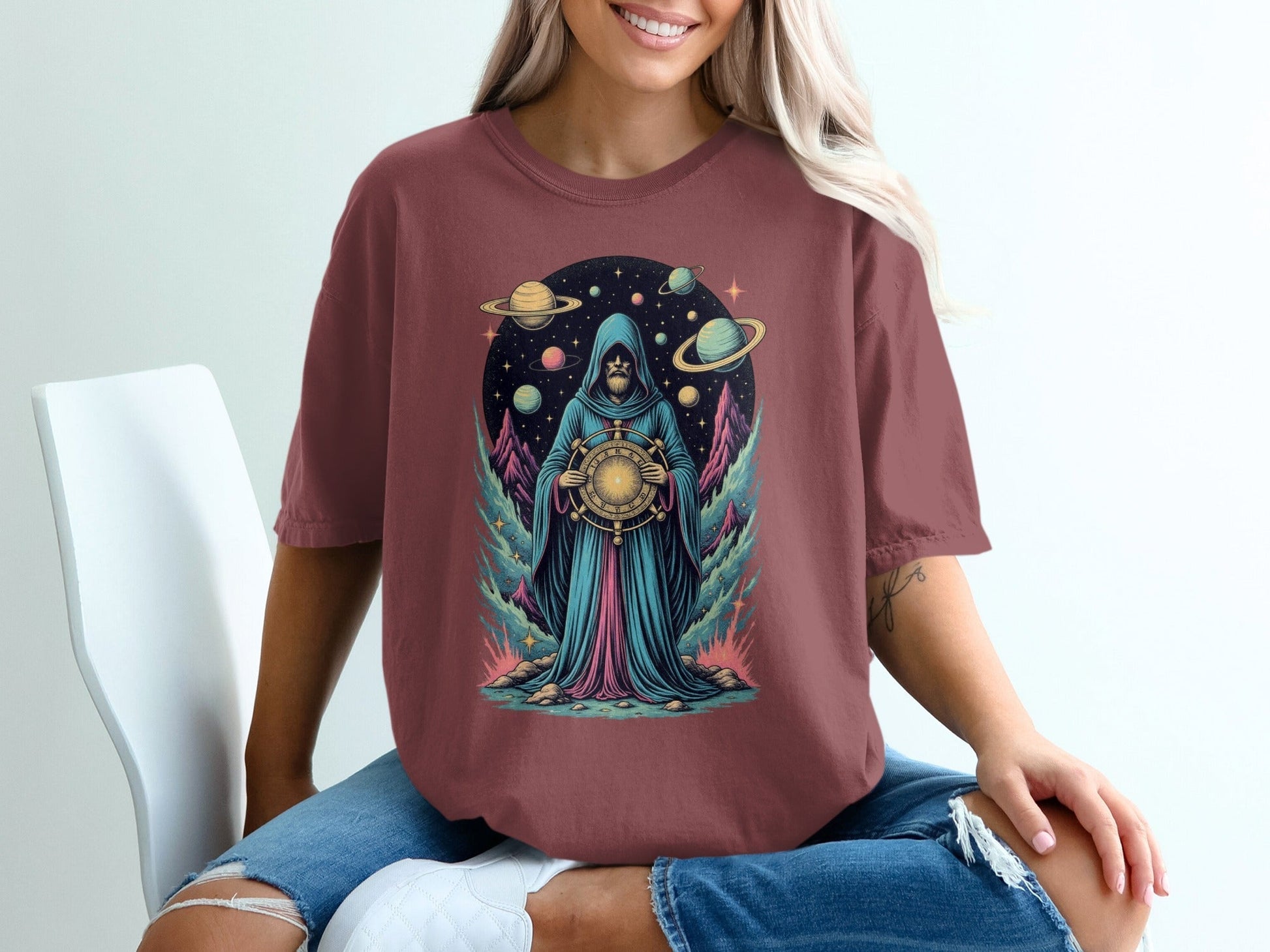 Space Wizard with Planets Artistic Graphic Novelty T-Shirt - IconVexa