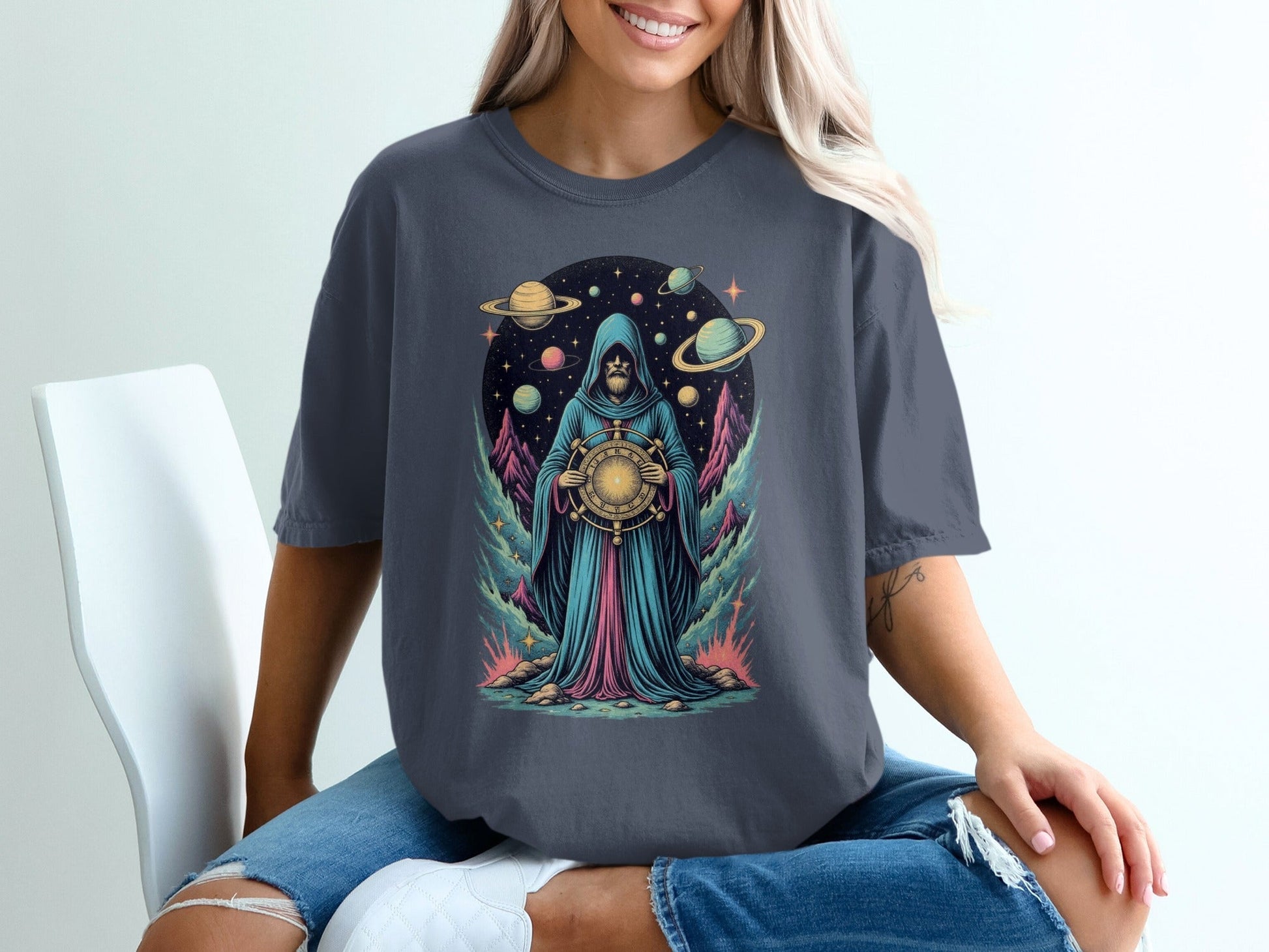 Space Wizard with Planets Artistic Graphic Novelty T-Shirt - IconVexa