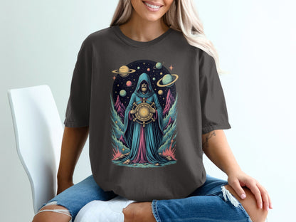 Space Wizard with Planets Artistic Graphic Novelty T-Shirt - IconVexa