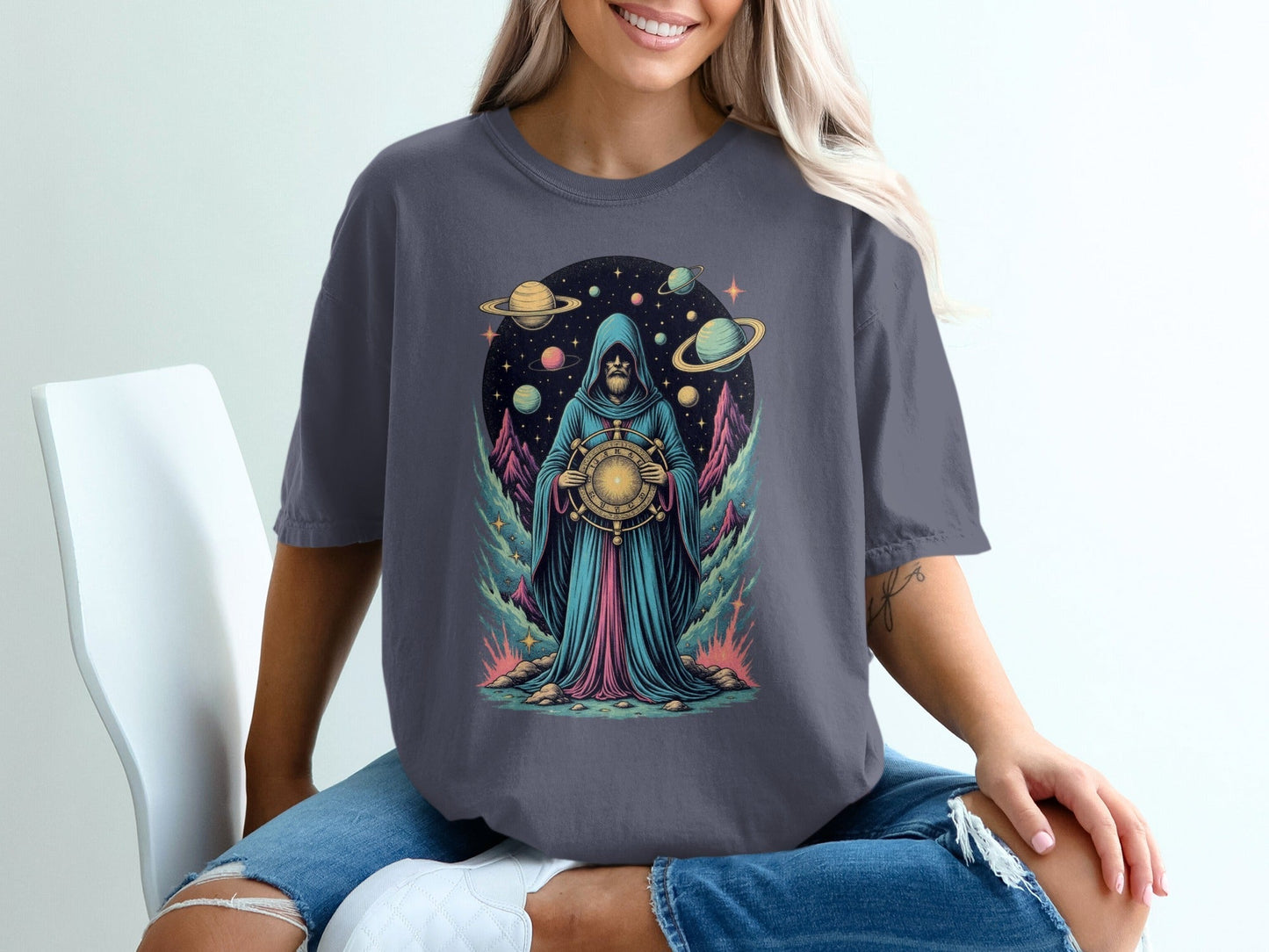 Space Wizard with Planets Artistic Graphic Novelty T-Shirt - IconVexa