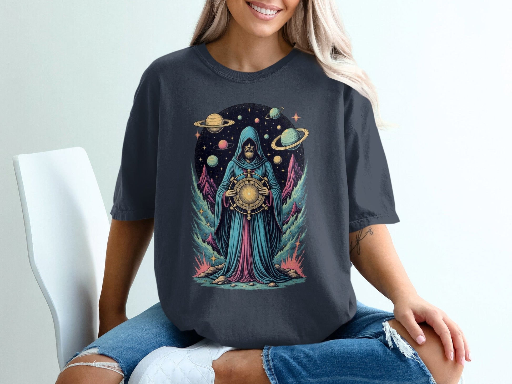 Space Wizard with Planets Artistic Graphic Novelty T-Shirt - IconVexa