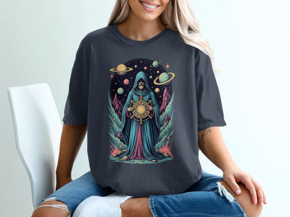 Space Wizard with Planets Artistic Graphic Novelty T-Shirt - IconVexa