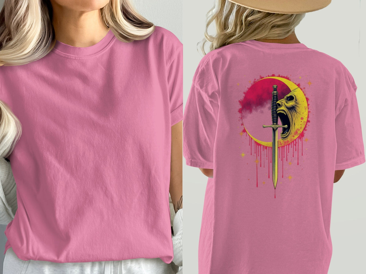 Sword Through Moon Face On Back Graphic Design T-Shirt - IconVexa