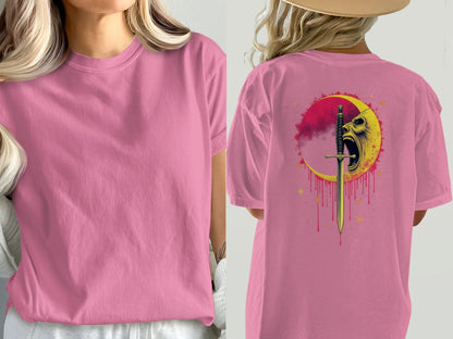 Sword Through Moon Face On Back Graphic Design T-Shirt - IconVexa