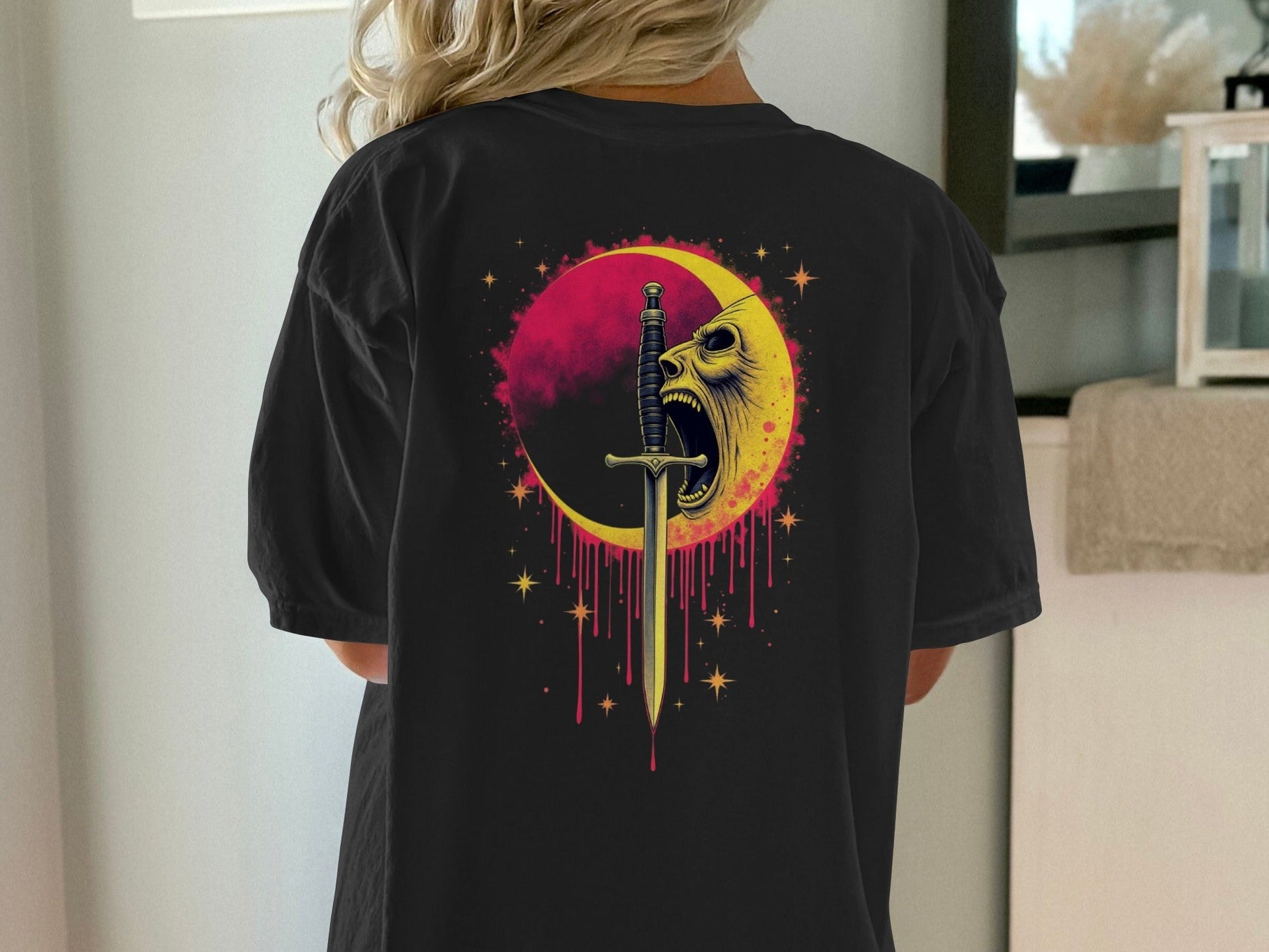 Sword Through Moon Face On Back Graphic Design T-Shirt - IconVexa