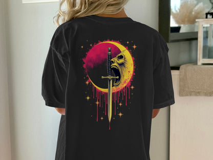 Sword Through Moon Face On Back Graphic Design T-Shirt - IconVexa