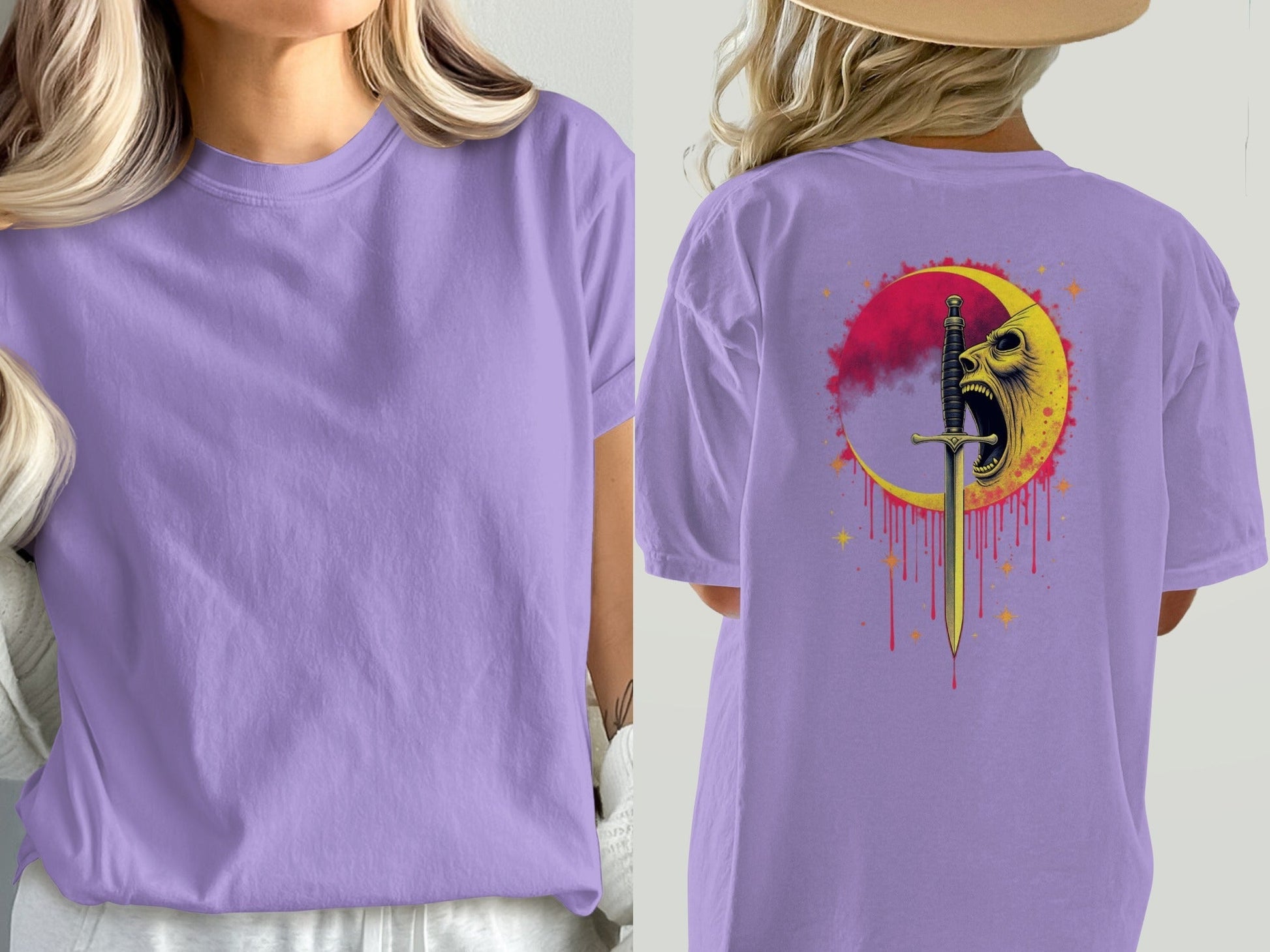 Sword Through Moon Face On Back Graphic Design T-Shirt - IconVexa