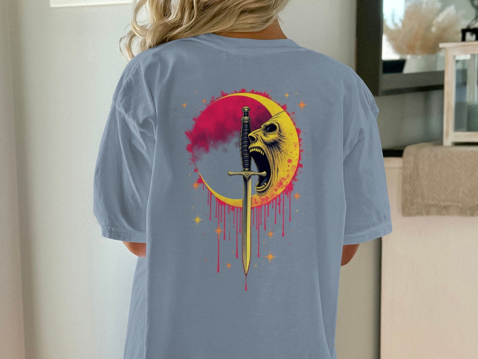 Sword Through Moon Face On Back Graphic Design T-Shirt - IconVexa