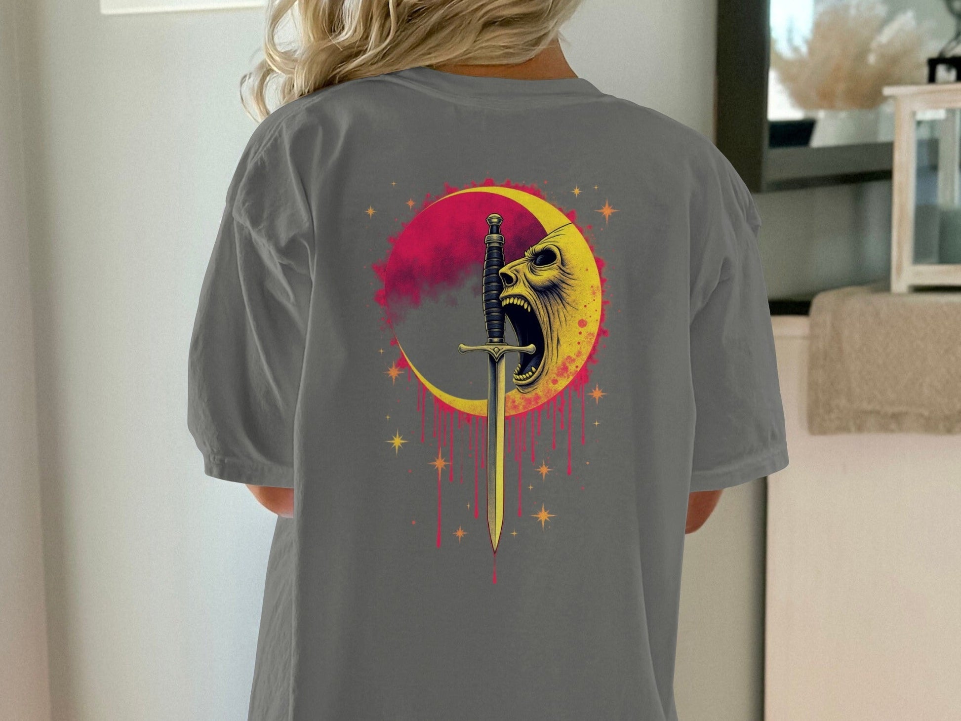 Sword Through Moon Face On Back Graphic Design T-Shirt - IconVexa