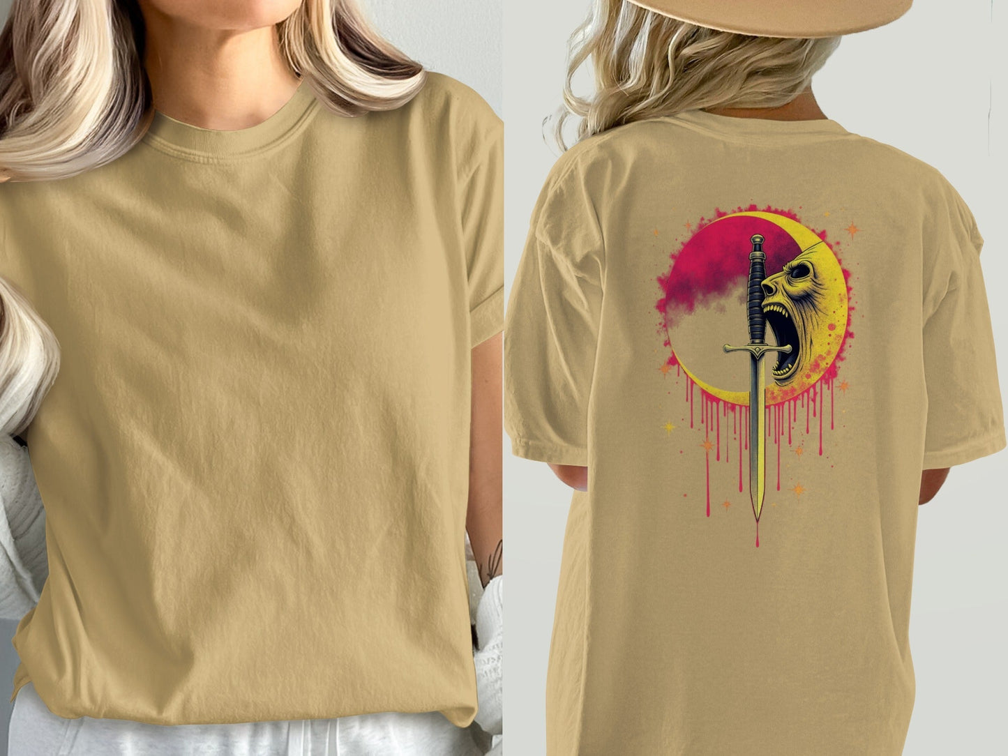 Sword Through Moon Face On Back Graphic Design T-Shirt - IconVexa
