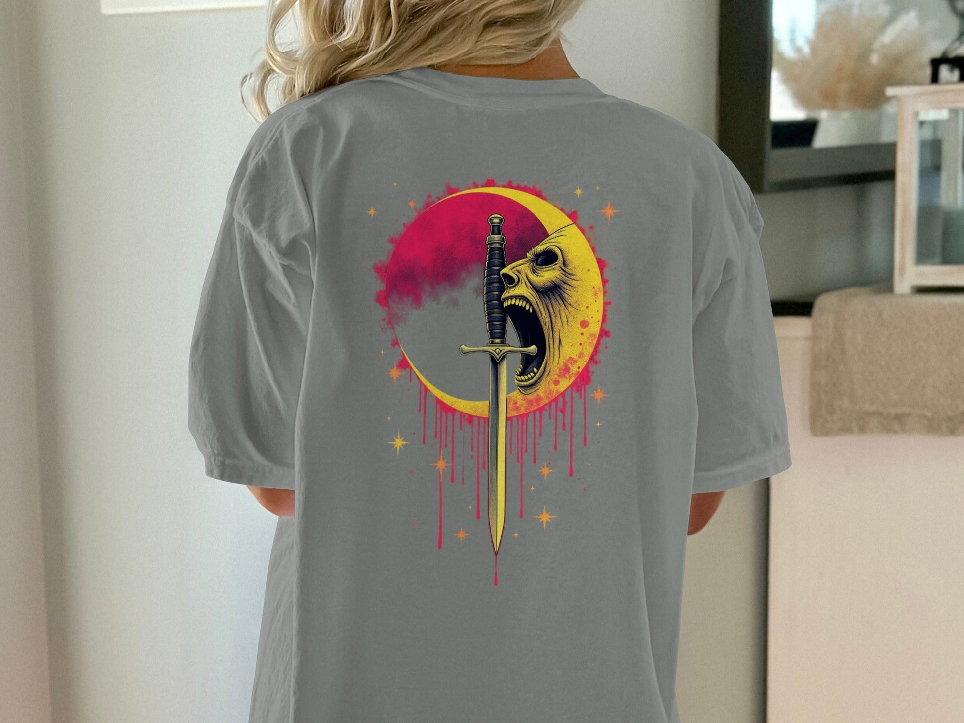 Sword Through Moon Face On Back Graphic Design T-Shirt - IconVexa