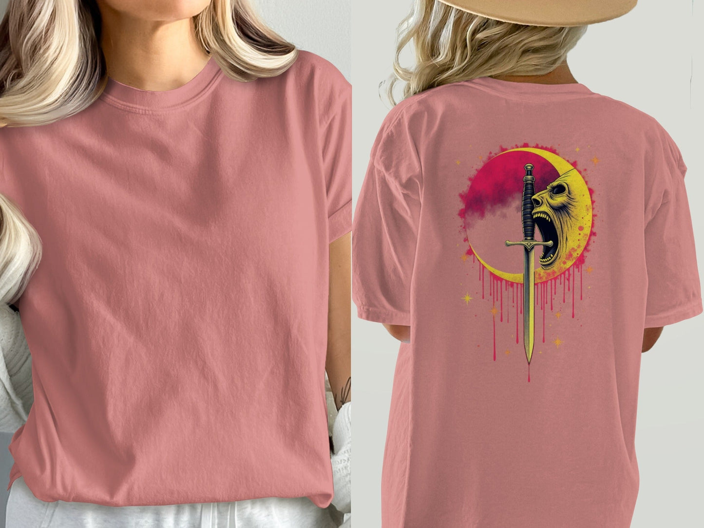 Sword Through Moon Face On Back Graphic Design T-Shirt - IconVexa