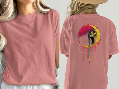 Sword Through Moon Face On Back Graphic Design T-Shirt - IconVexa