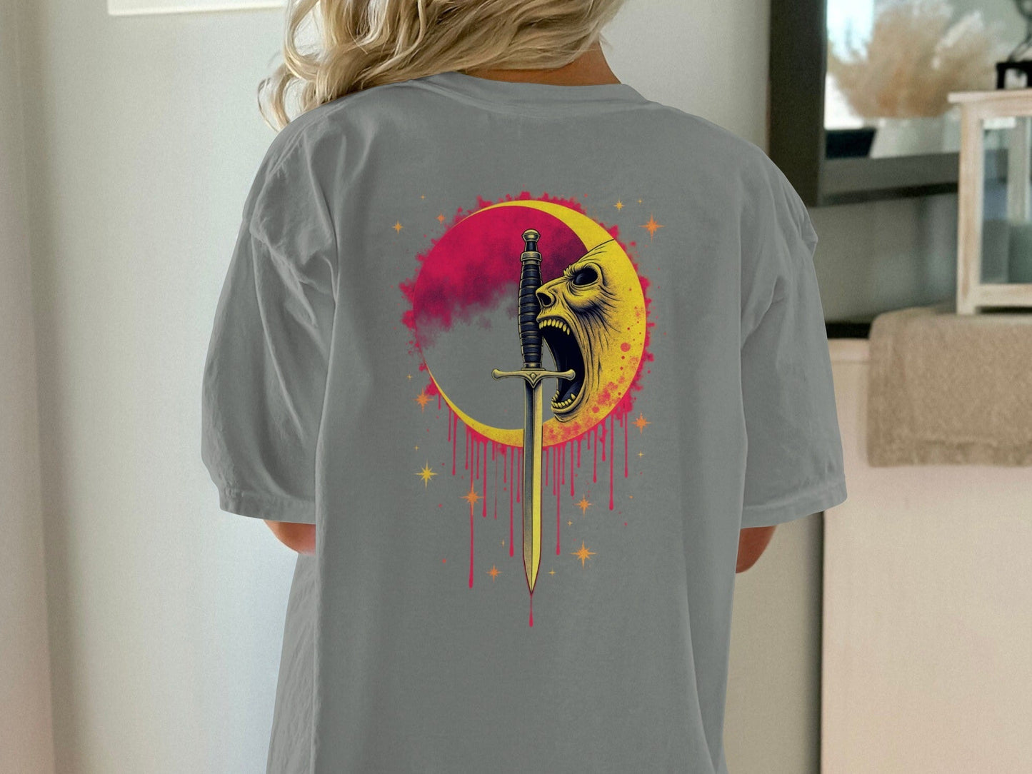 Sword Through Moon Face On Back Graphic Design T-Shirt - IconVexa