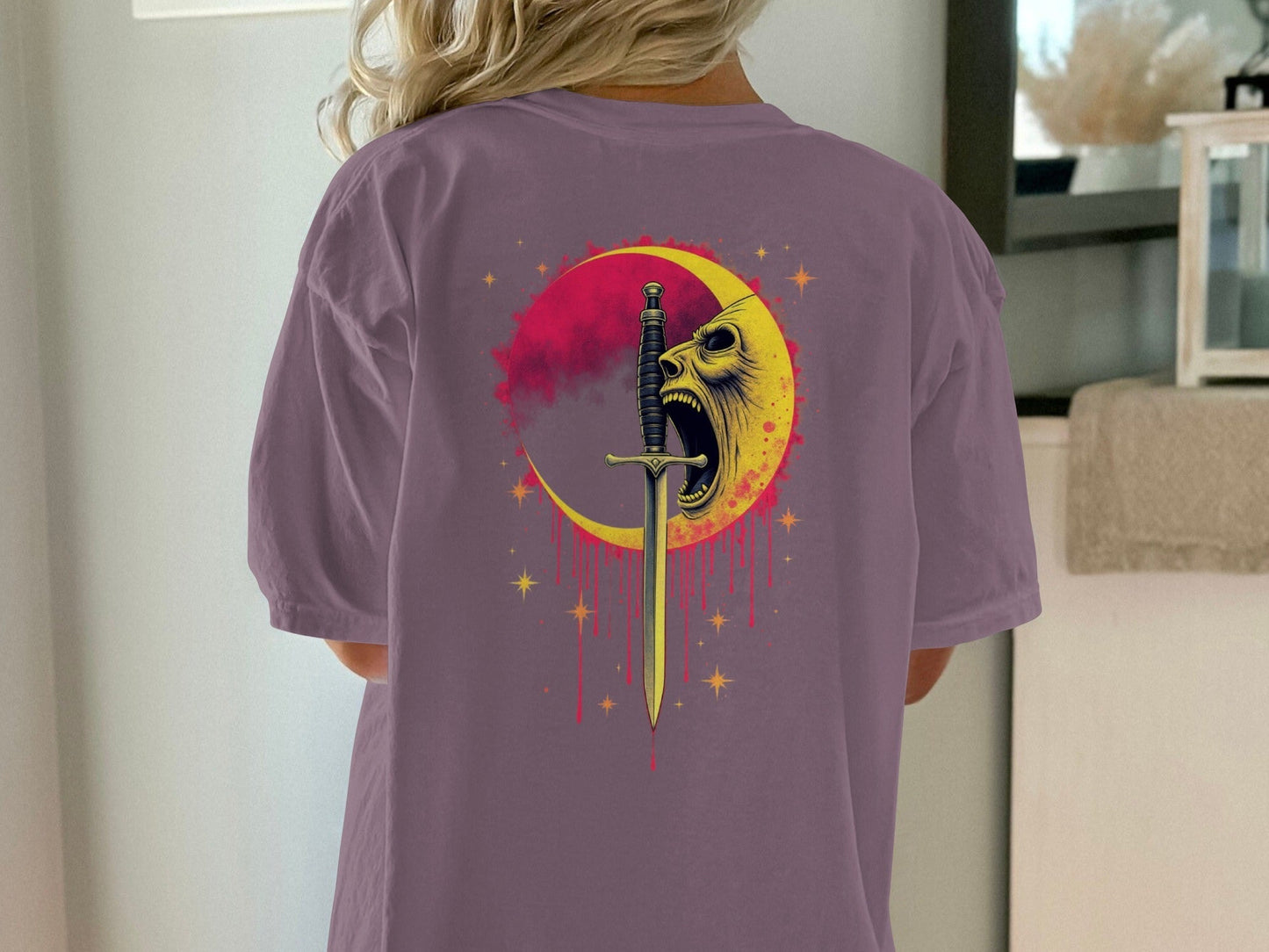 Sword Through Moon Face On Back Graphic Design T-Shirt - IconVexa