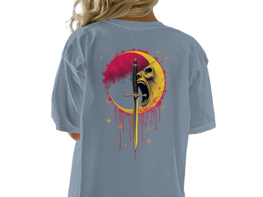 Sword Through Moon Face On Back Graphic Design T-Shirt - IconVexa
