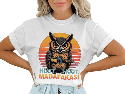 T-Shirt Owl With Gun Tee, Hoot Hoot Madafakas Shirt, Funny Owl Shirt, Animal Shirt, Novelty T Shirt, Graphic Tee, Trendy Shirt - IconVexa