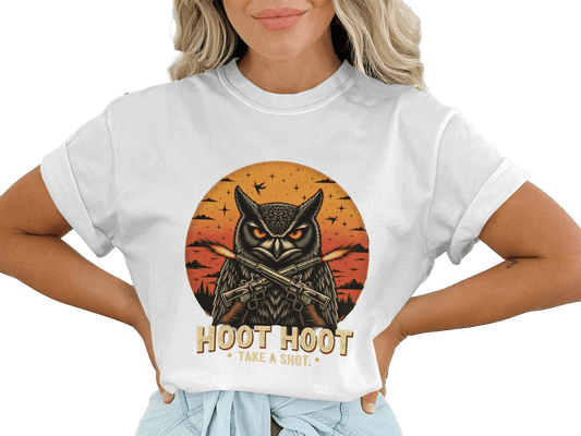 T-Shirt Owl with Guns Tee Hoot Hoot Take a Shot Design Shirt, Cool Animal Shirt, Bird Lover Gift Tee, Trendy Graphic Shirt Design - IconVexa