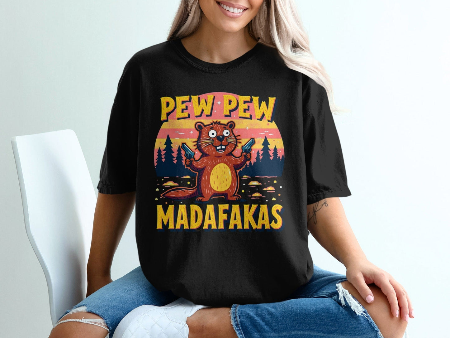 T-Shirt Pew Pew Madafakas, Funny Beaver Shirt, Animal Tee, Sarcastic Shirt, Meme Shirt, Novelty T Shirt, Trendy Tee, Graphic Shirt - IconVexa